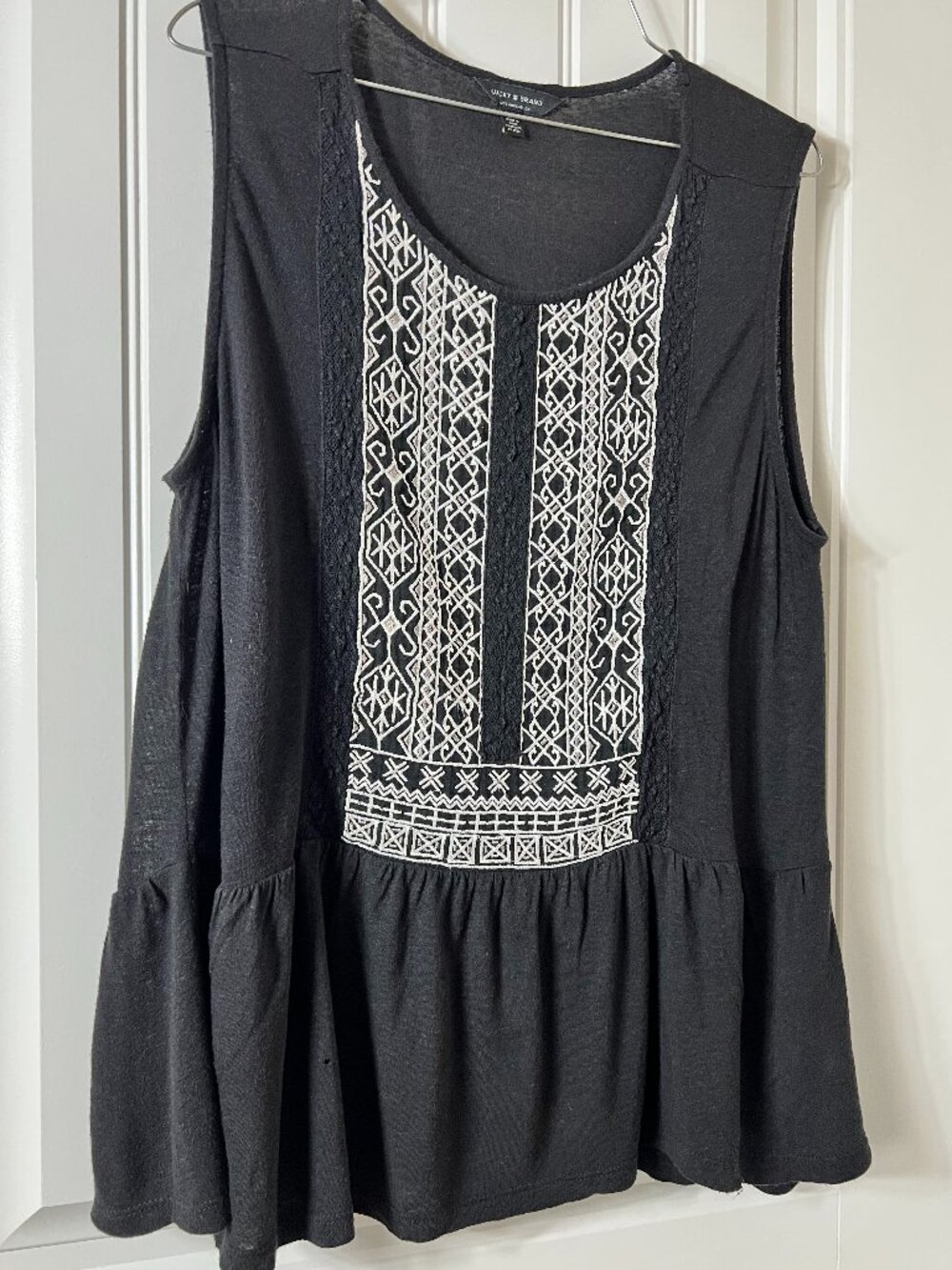 Lucky Brand Black Embroidered Peplum Tank Top Sleeveless Boho Blouse Large